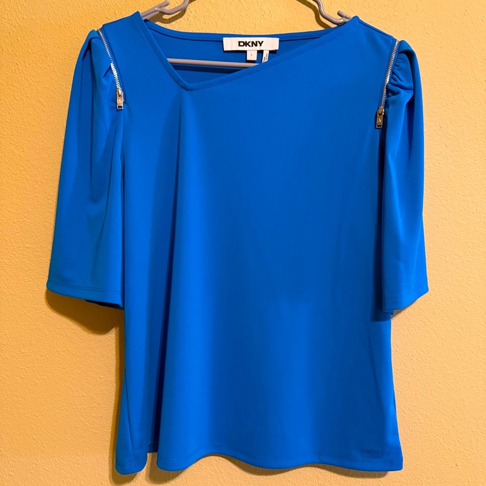 DKNY Blue Asymmetrical 3/4 Sleeve Blouse Women Size L